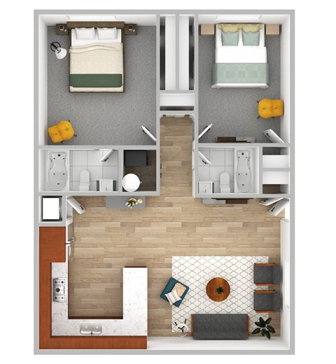 Floor plan for 2 beds, 2 baths, 918 sqft